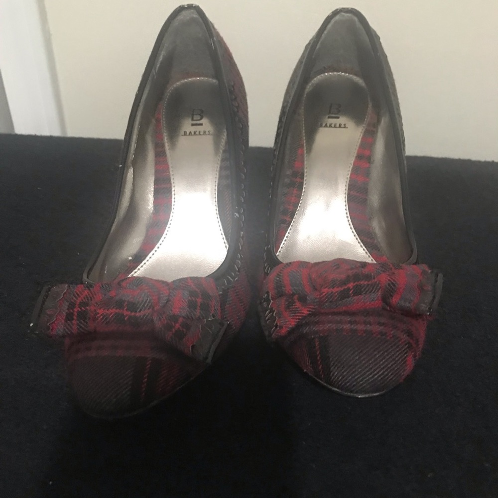 Bakers black/gray/red plaid bow tie shoes